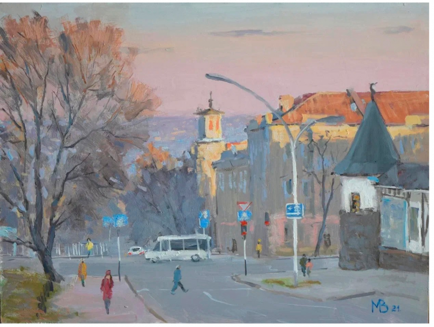 «Утро. Возле Луганского краеведческого музея». ДВП, масло. 30*40 см. 2021 г.